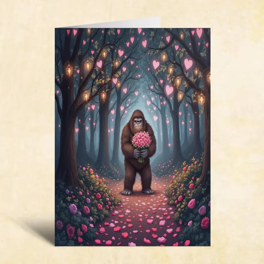 Bigfoot Valentines Day card featuring Sasquatch holding flowers in a glowing forest with hearts