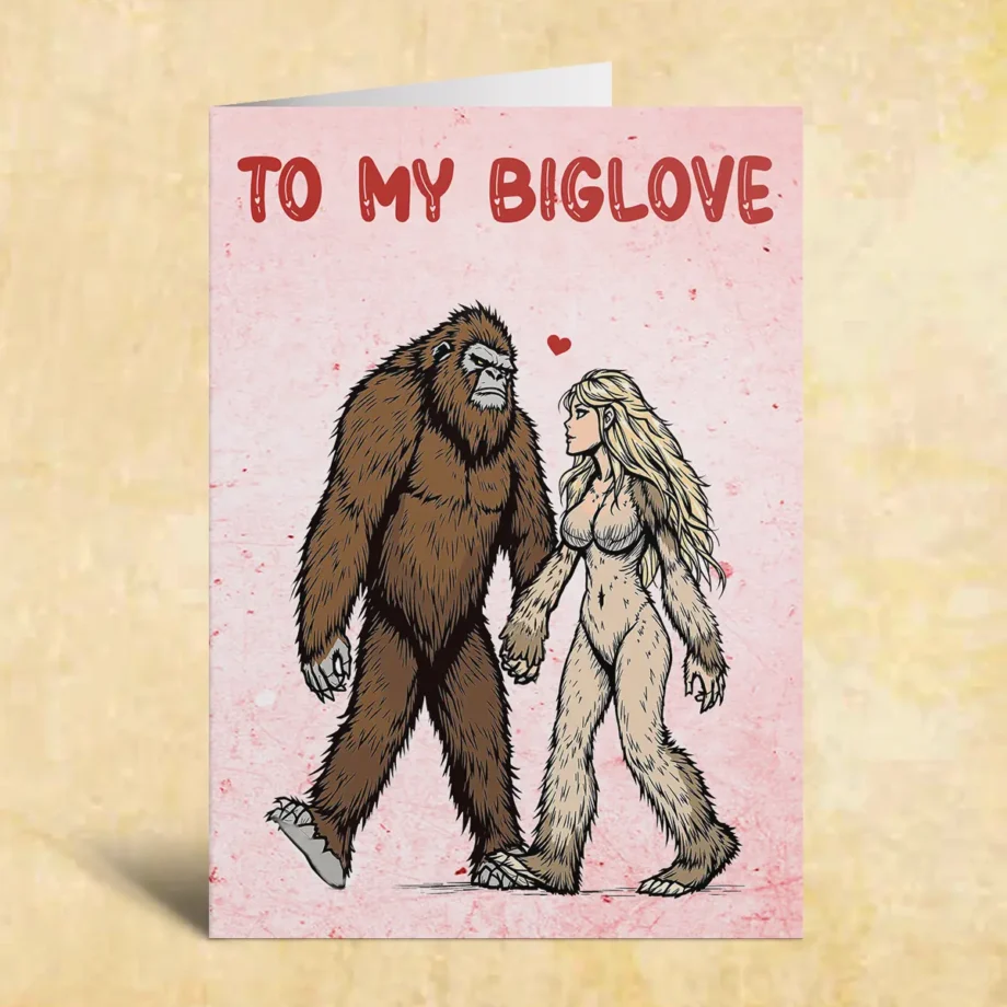 Bigfoot Valentines Day card featuring Sasquatch couple holding hands with 'To My BigLove' message