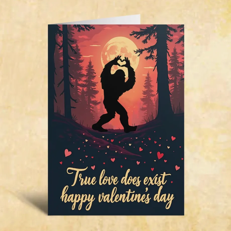 Bigfoot Valentines Day card with Sasquatch forming a heart under a glowing moon