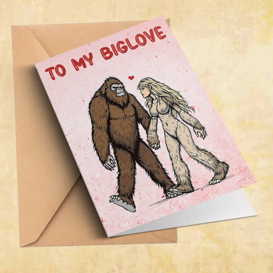 Sasquatch Valentine card with Bigfoot couple and 'To My BigLove' romantic message