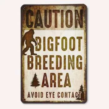 Caution Bigfoot Breeding Area tin sign with warning for Sasquatch yard decor