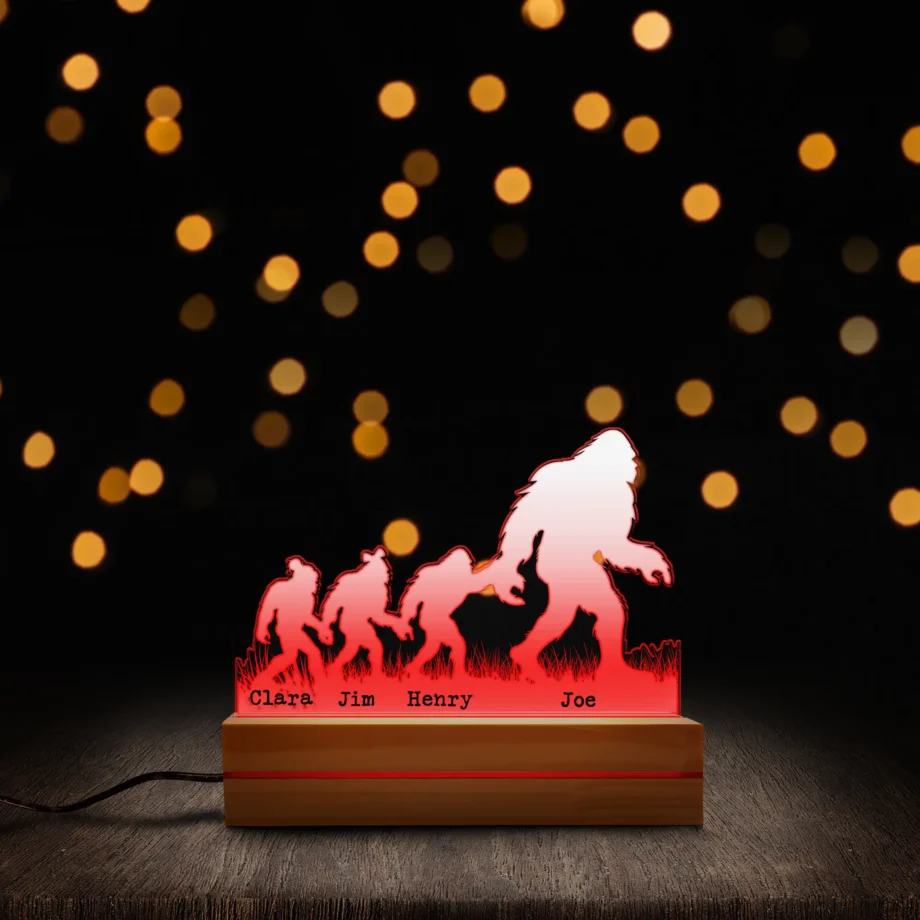 Personalized Sasquatch family night light with Bigfoot dad and children, custom name options