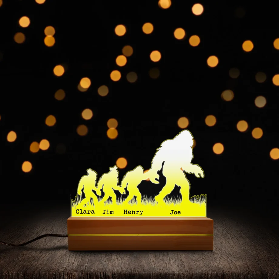 Custom Bigfoot family night light with Sasquatch dad and kids design featuring personalized names