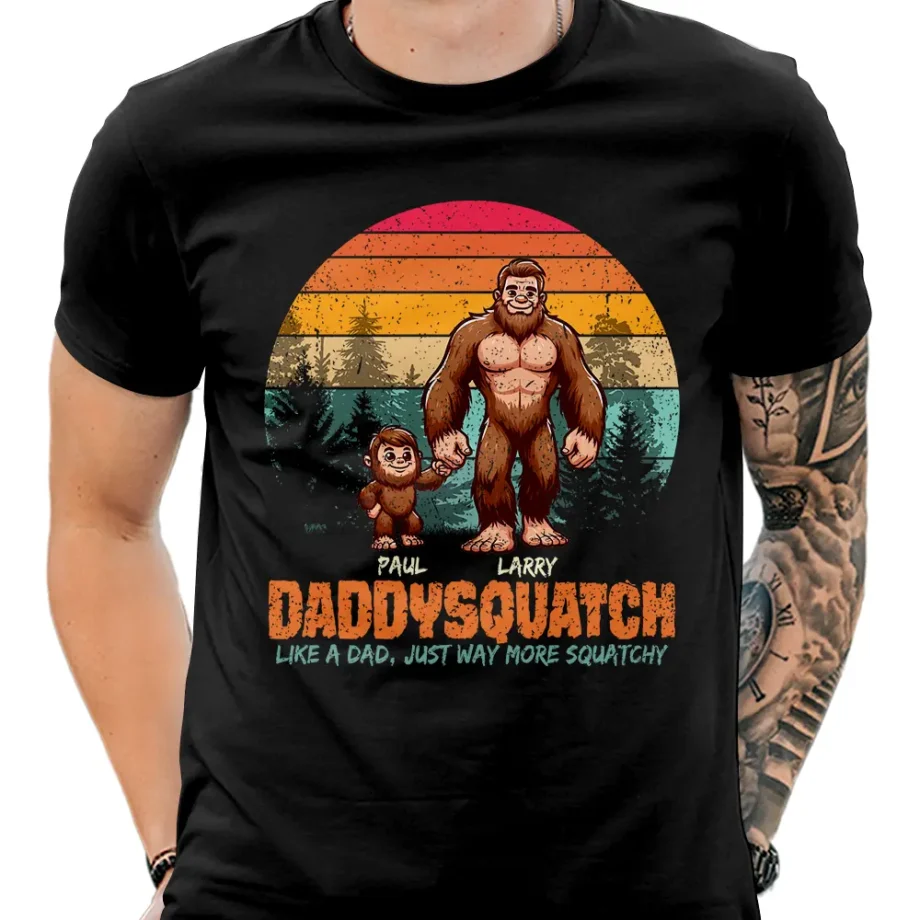 Personalized Bigfoot Dad shirt with 'Daddysquatch' text and custom names for Father's Day