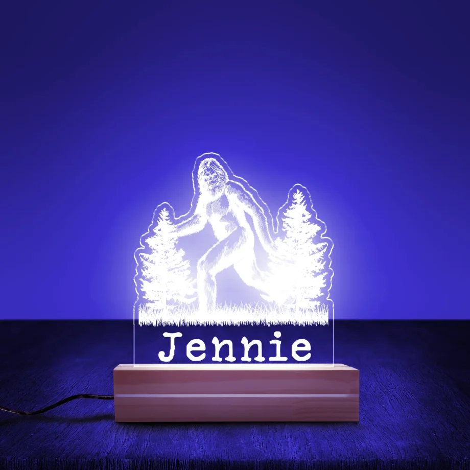 Bigfoot personalized lamp with Sasquatch and pine trees for bedroom decor