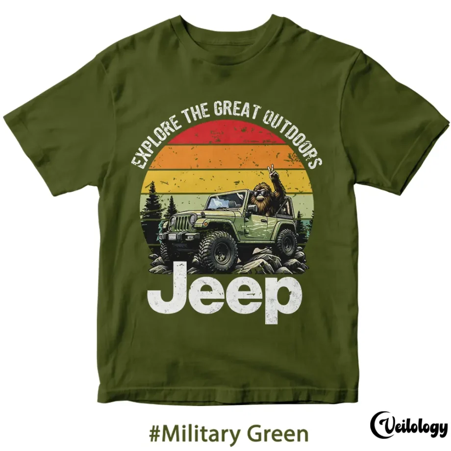 Explore the outdoors with Bigfoot Jeep T-shirt in Sasquatch believe vintage style