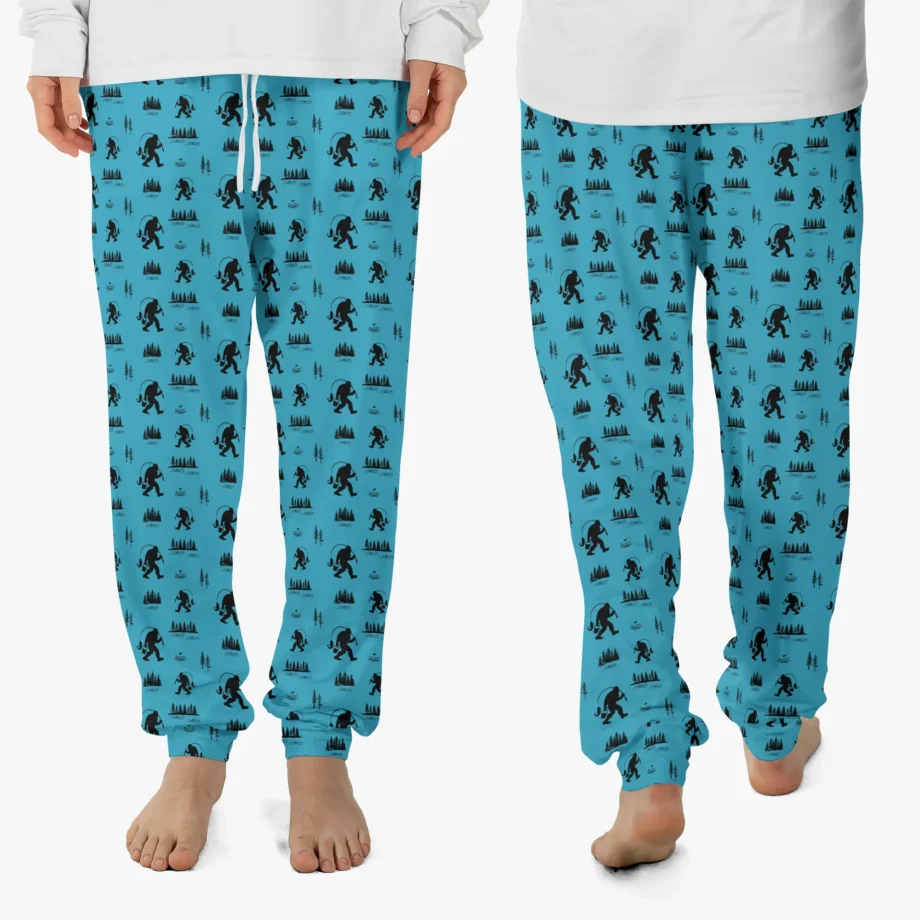 Fishing Bigfoot pajama pants with Sasquatch print for lounge and comfy wear