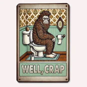 Funny Bigfoot bathroom sign with grumpy Sasquatch sitting on a toilet and 'Well Crap' text