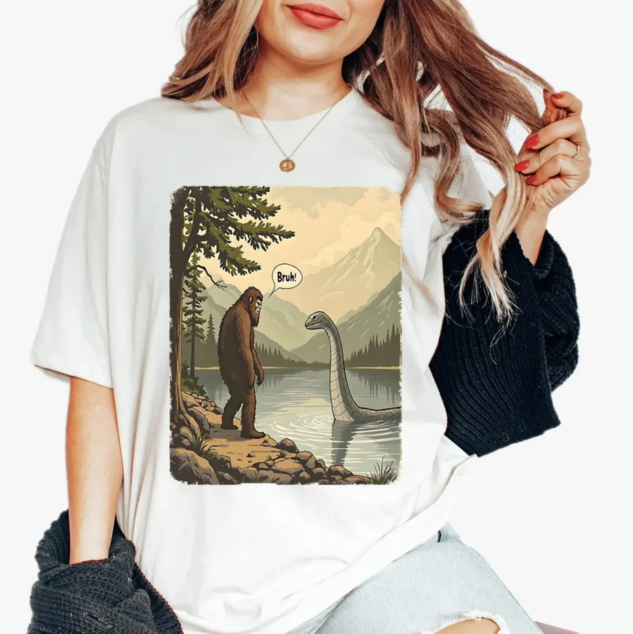 Bigfoot and Nessie vintage cryptid shirt with 'Bruh' caption for introverts