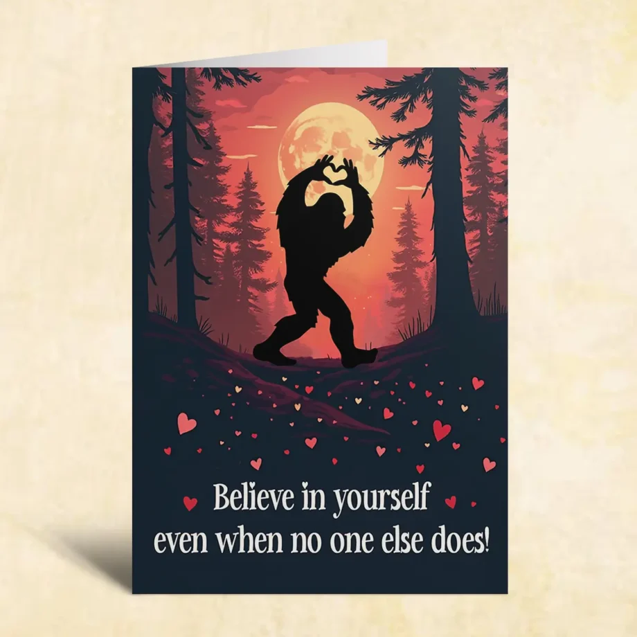 Funny Bigfoot Valentines Day Card with inspiring 'Believe in Yourself' quote and Bigfoot heart design