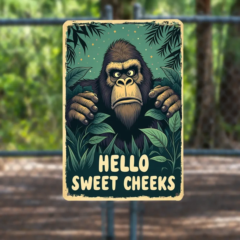 Sasquatch tin sign with 'Hello Sweet Cheeks' phrase for fun bathroom wall decor