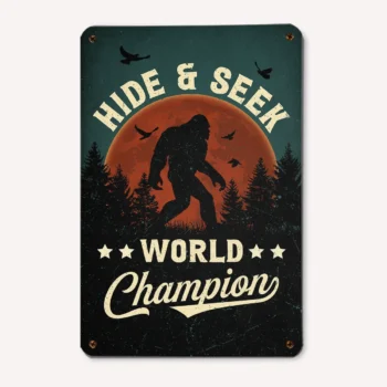 Sasquatch Hide & Seek tin sign with vintage-style wall art decor