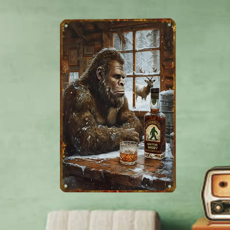 Sasquatch tin sign with Bigfoot sipping whiskey in a log cabin for introvert home decor