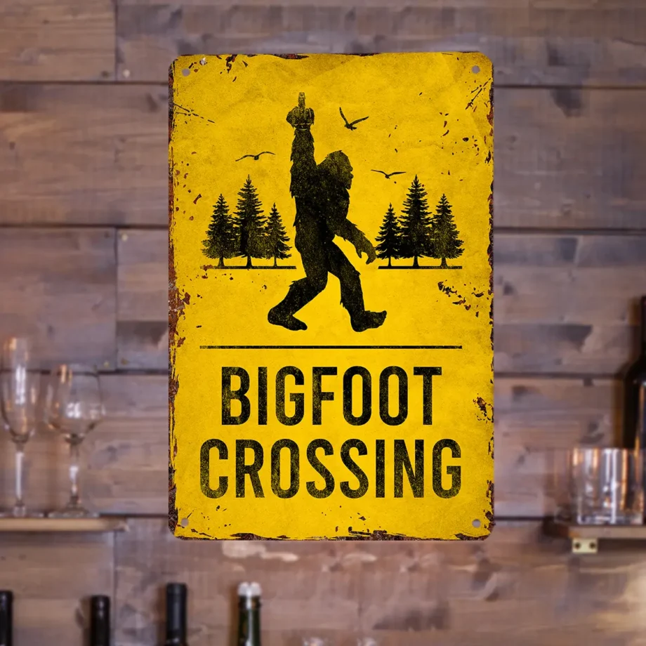 Bigfoot crossing sign with Sasquatch middle finger gesture for yard decor