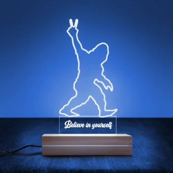 Personalized Believe Bigfoot night light featuring Sasquatch forming a peace gesture in 3D design