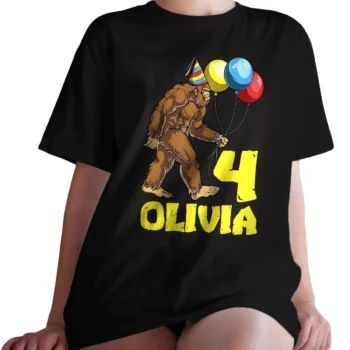 Personalized Bigfoot birthday shirt with Sasquatch wearing a party hat and holding balloons