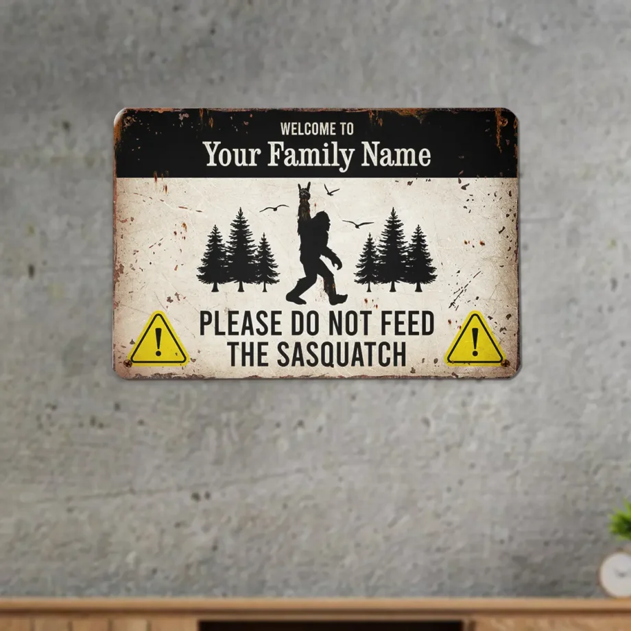 Bigfoot family name sign with custom camp welcome text and Sasquatch warning