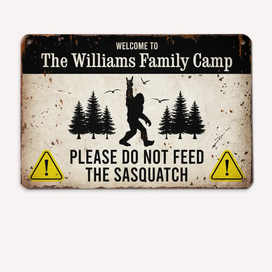 Personalized Bigfoot family name tin sign with Sasquatch silhouette for outdoor decor