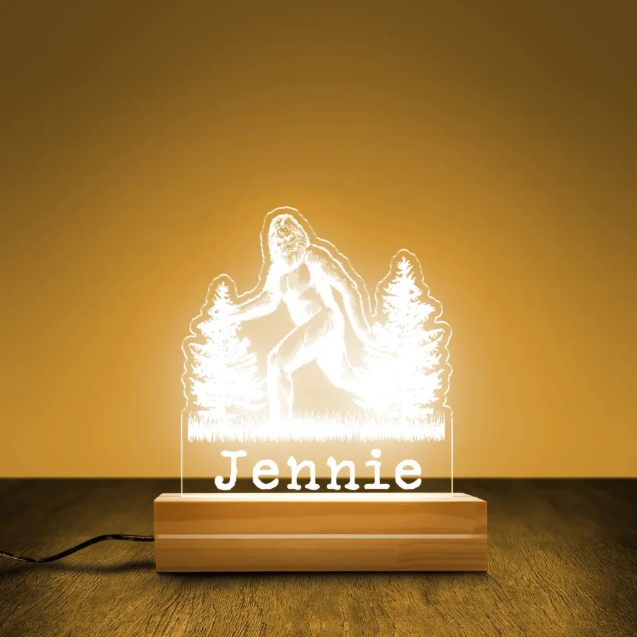 Personalized Bigfoot night light with Sasquatch silhouette and pine trees