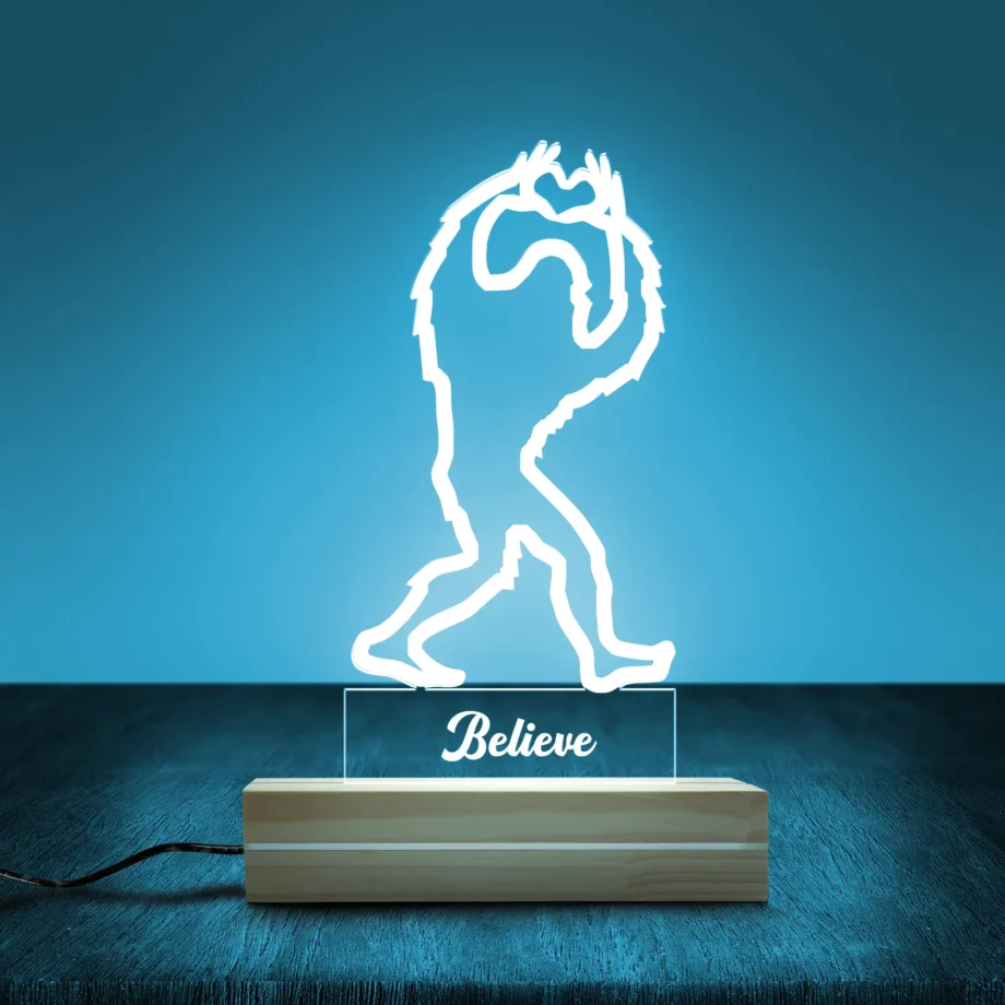 Personalized Bigfoot night light with Sasquatch forming a heart and customizable text