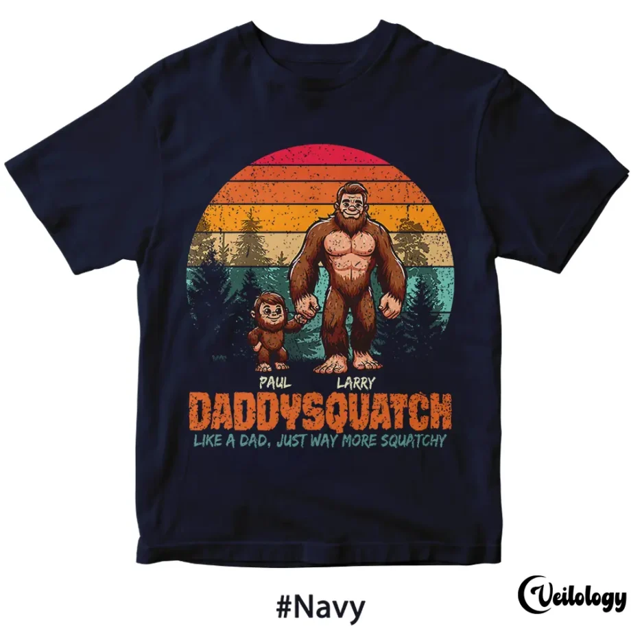 Custom Daddysquatch Bigfoot Dad shirt with retro design and custom names