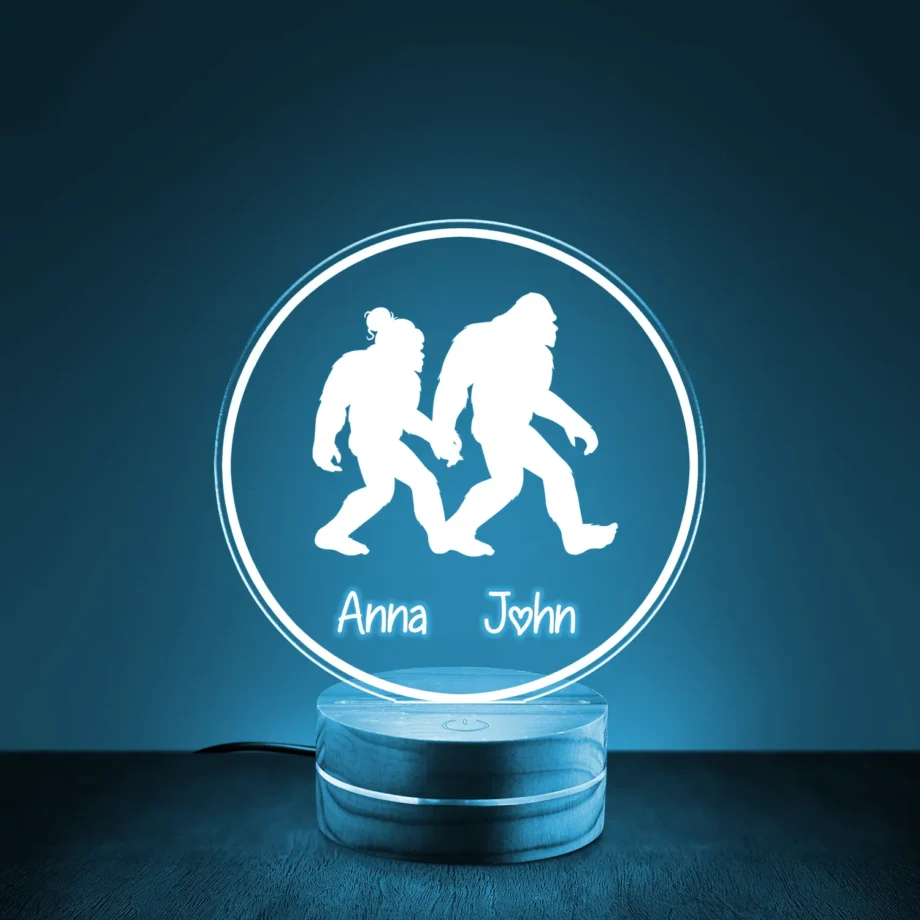 Sasquatch couple Valentine's Day night light with customizable names and 3D LED design