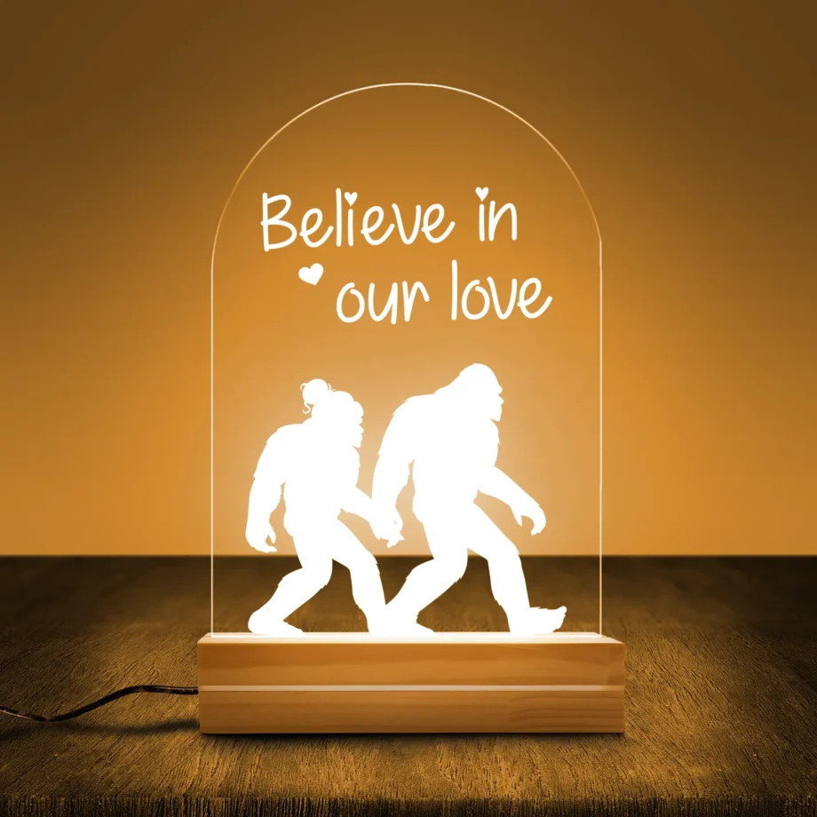 Sasquatch couple Valentine's Day night light with customizable names and 3D LED design