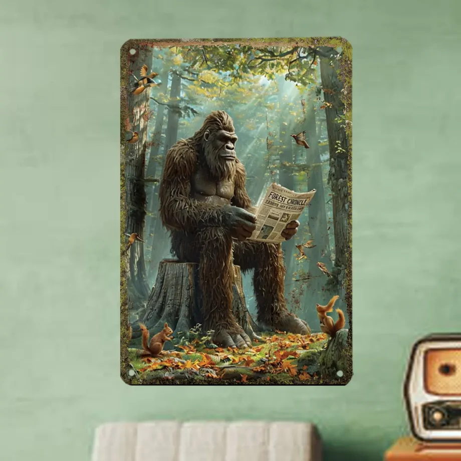 Vintage Sasquatch reading tin sign for unique wall decor