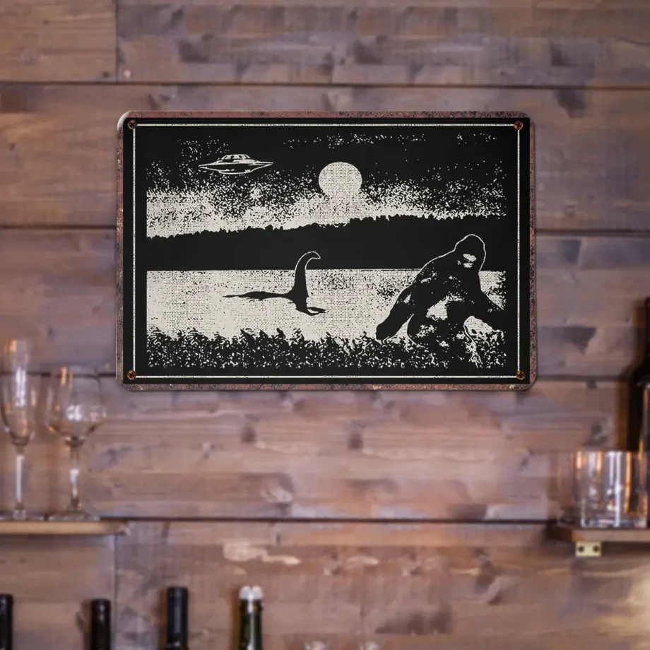 Bigfoot and Loch Ness Monster wall art featuring a UFO in a retro tin sign style