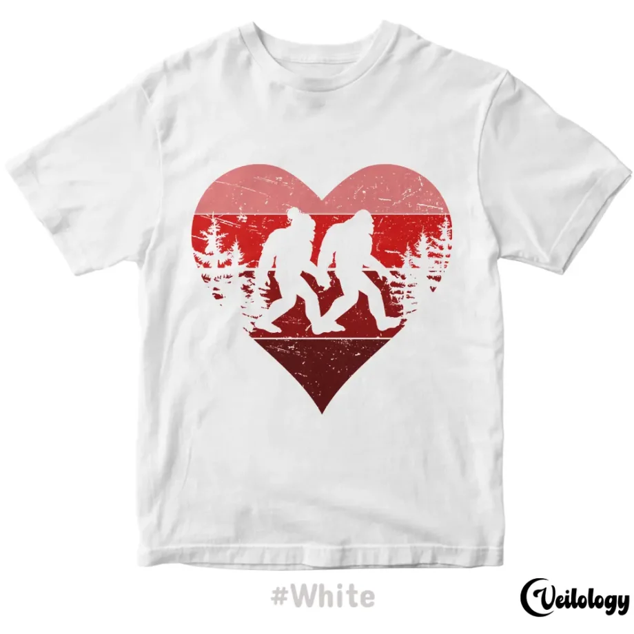 Sasquatch couple Valentine's Day shirt with retro heart design for him and her