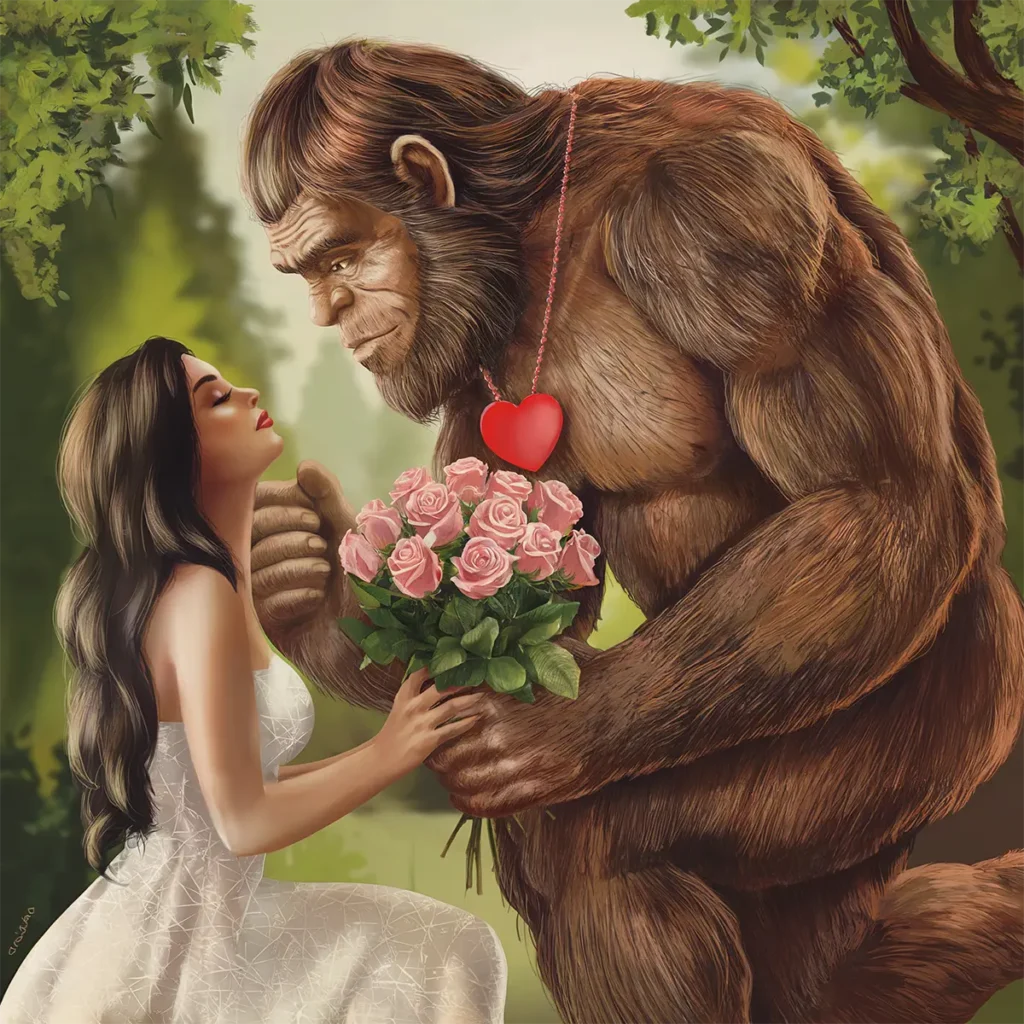 Bigfoot presenting a bouquet of pink roses to a woman in a romantic forest setting, perfect for Bigfoot Valentine's Day celebrations