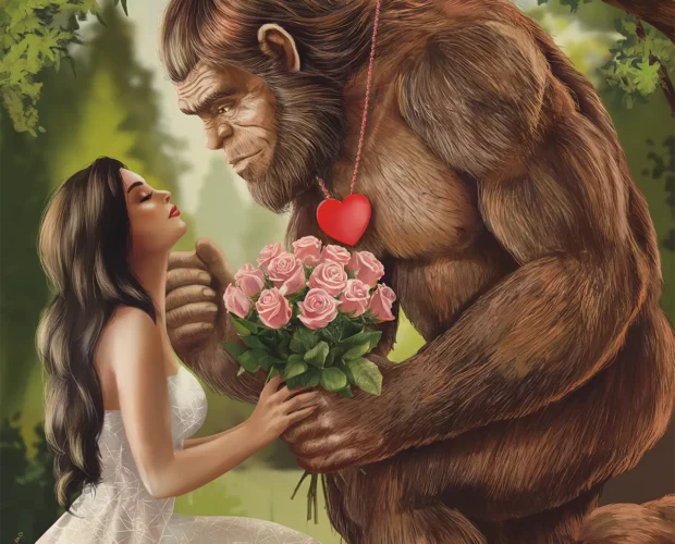 Bigfoot presenting a bouquet of pink roses to a woman in a romantic forest setting, perfect for Bigfoot Valentine's Day celebrations