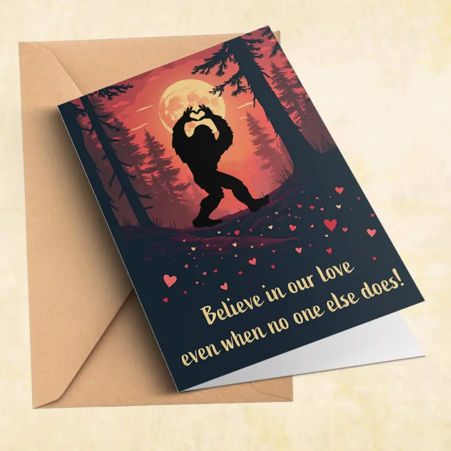 Bigfoot Valentine card with Sasquatch forming a heart under a romantic moonlit forest.