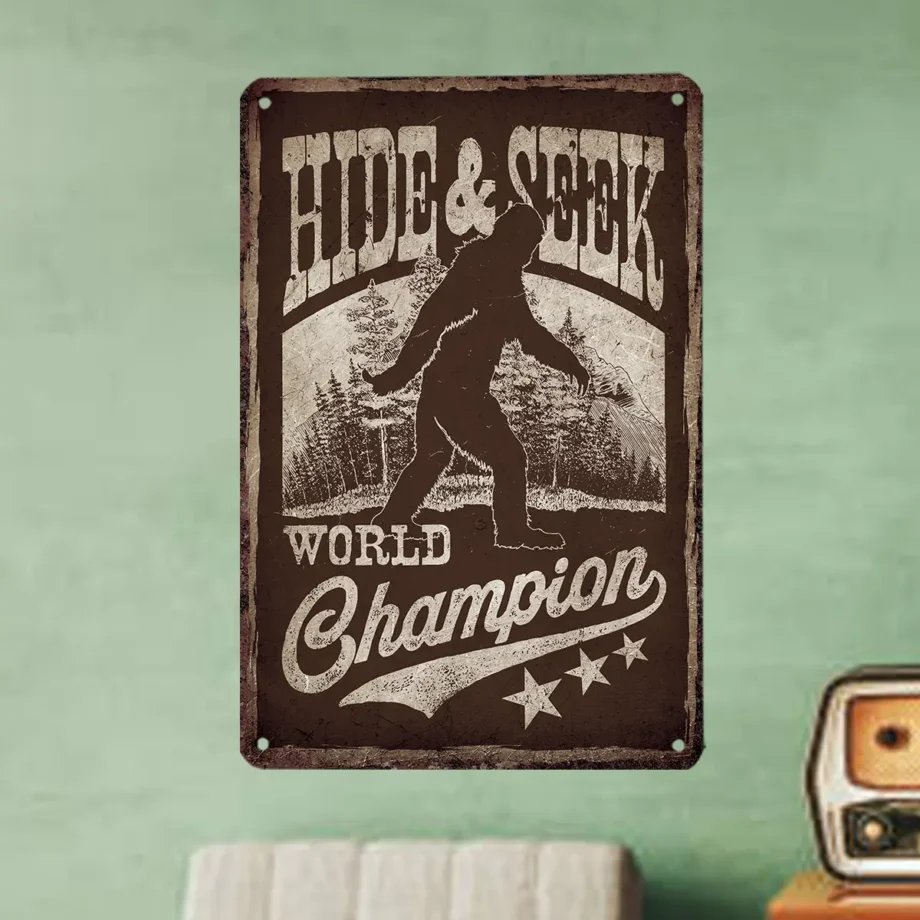 Hide and Seek Champion Bigfoot sign with Sasquatch silhouette and rustic forest design