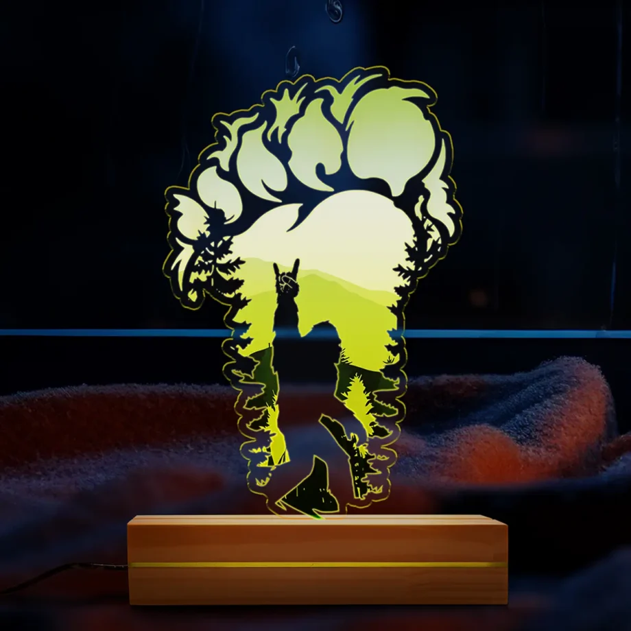 Bigfoot rock-and-roll footprint lamp with Sasquatch night light design