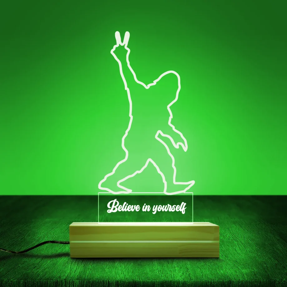 Sasquatch 3D night light featuring Bigfoot peace gesture with Believe design and LED lighting