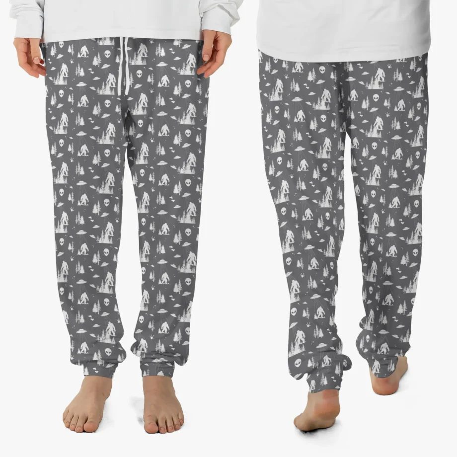 Sasquatch lounge pants with alien, UFO designs on forest