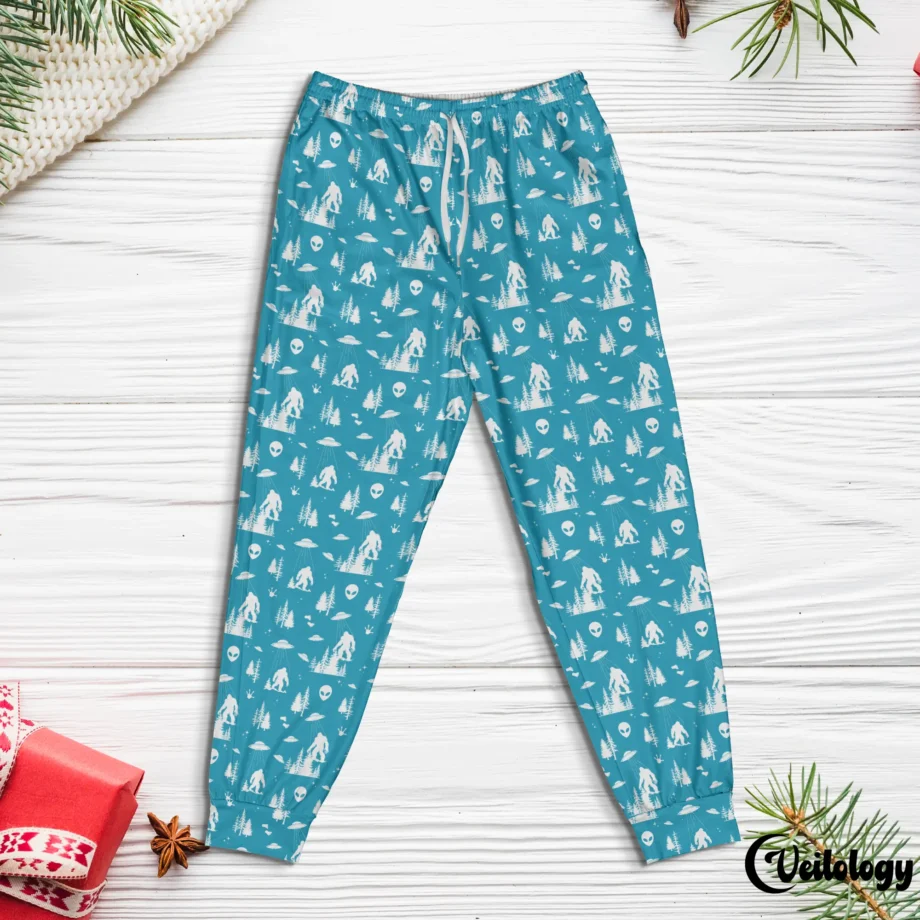 Bigfoot alien UFO pajama pants with vibrant forest backdrop