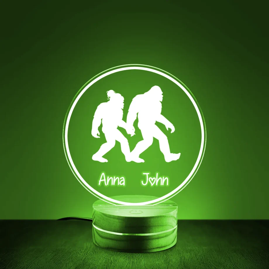 Personalized Bigfoot Valentine's Day featuring Sasquatch couple and custom names in 3D LED