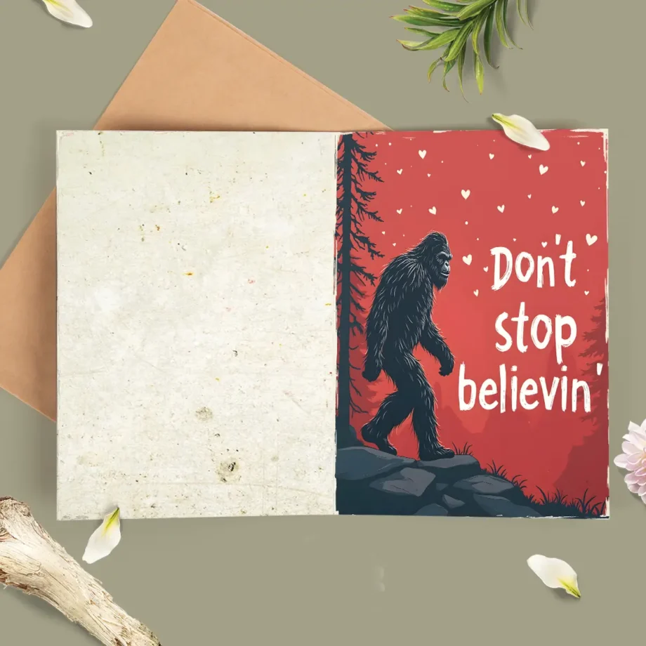 Believe in Bigfoot Valentine's Day card with Sasquatch walking through a heart-filled forest