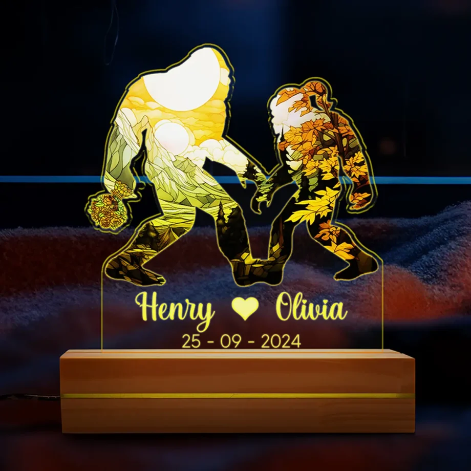 Personalized Bigfoot Couple Name Valentine's Day Night Light featuring Sasquatch couple holding hands with glowing 3D LED design