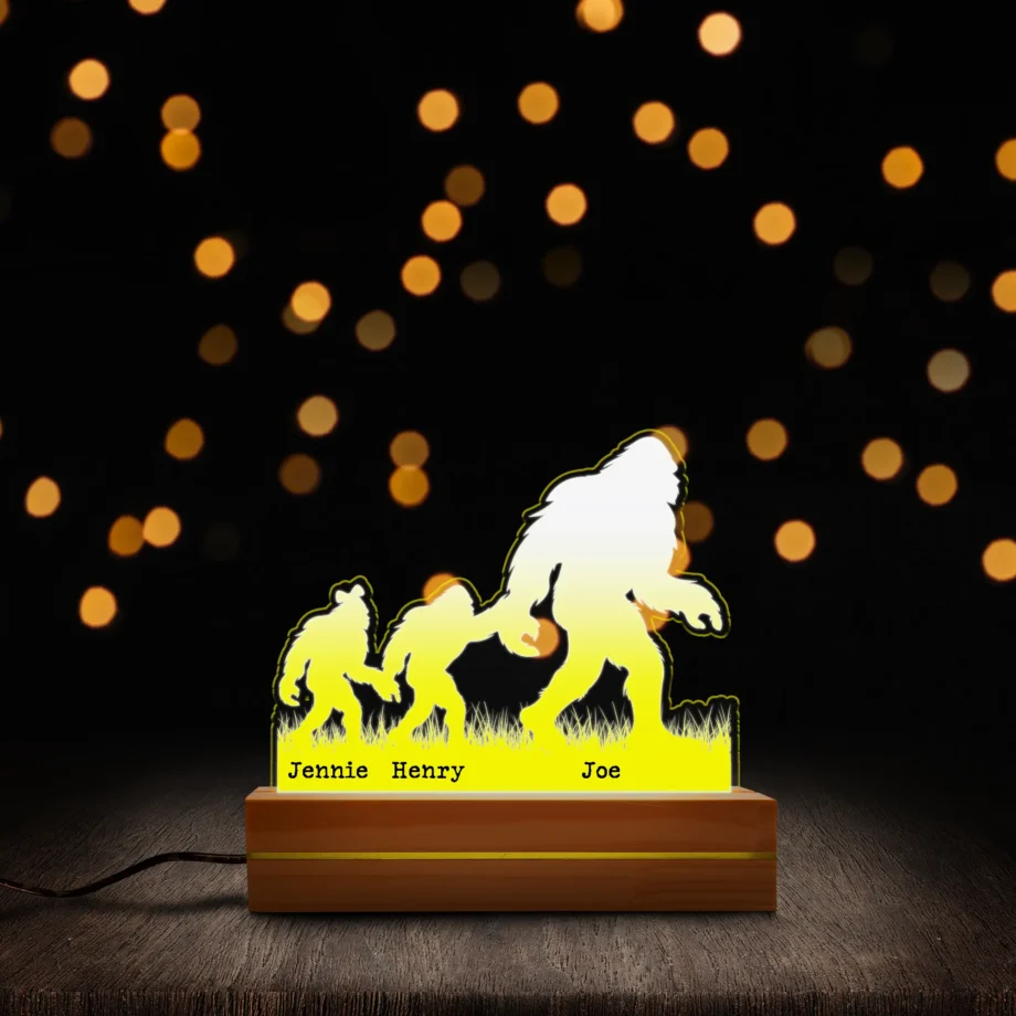 Bigfoot Family Personalized Night Light with Sasquatch dad and kids design featuring personalized names