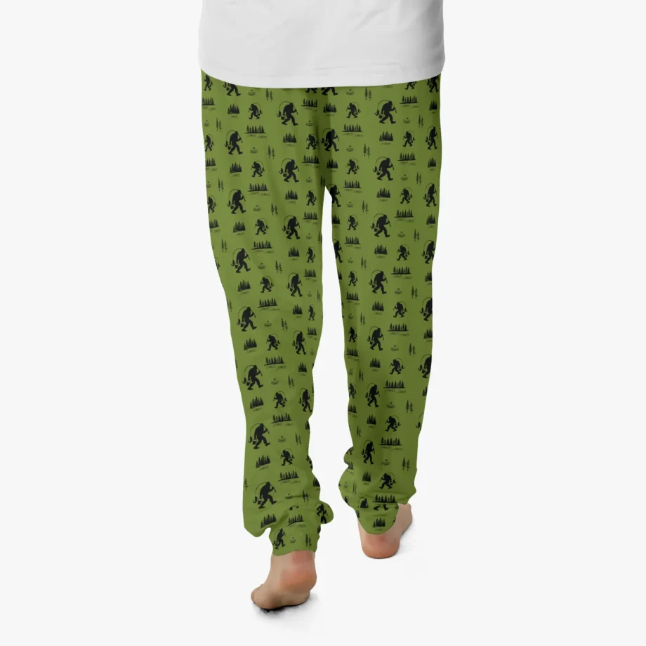 Sasquatch fishing pajama pants for lounging with all-over Bigfoot print