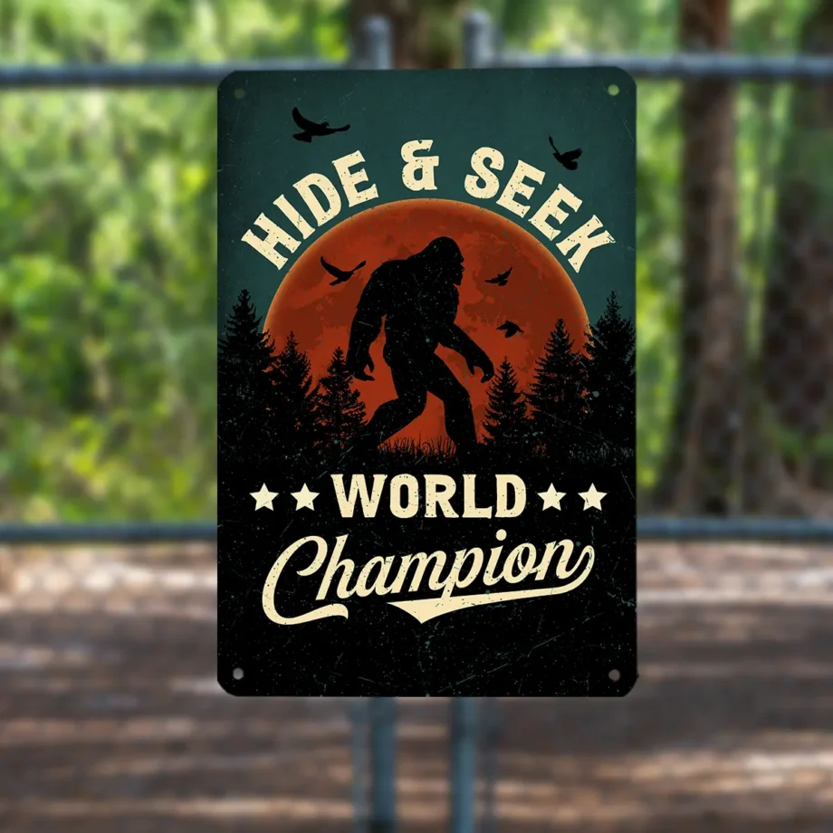 Bigfoot Hide & Seek World Champion tin sign for wall or yard decor