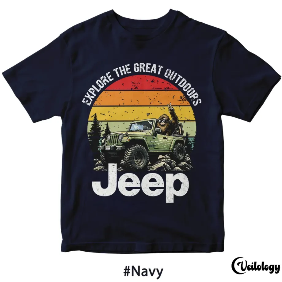 Bigfoot Jeep T-shirt with Sasquatch driving a green Jeep and retro sunset design