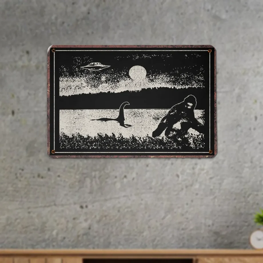 Retro tin sign with Bigfoot, Nessie, and UFO designs for wall decor