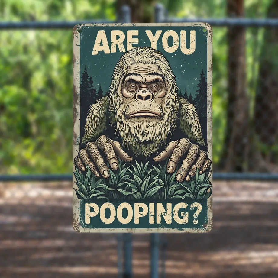 Are You Pooping' Bigfoot tin sign for Sasquatch bathroom and toilet decor