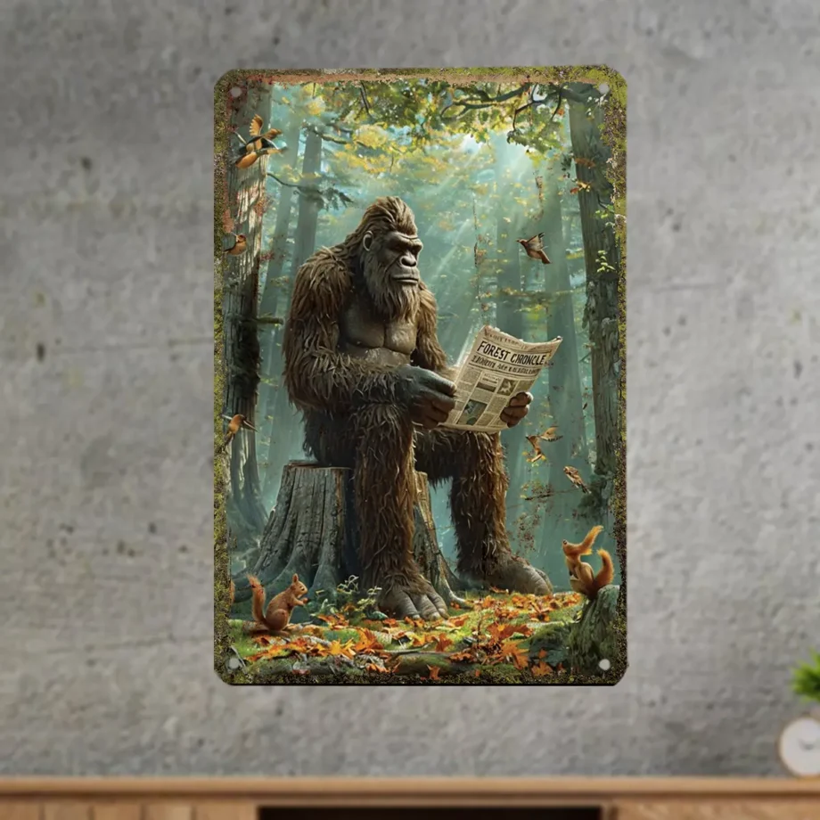 Reading Bigfoot tin sign with a vintage aesthetic for Sasquatch enthusiasts