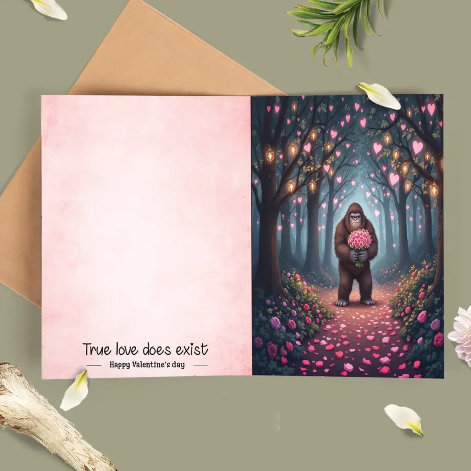 Sasquatch romantic Valentine's Day card with Bigfoot holding flowers in a heart-themed forest