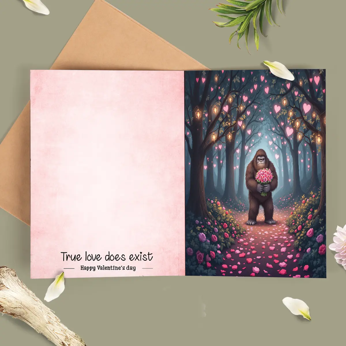 Personalized Valentine's Day card featuring Bigfoot holding a bouquet of roses, standing on a path covered in rose petals, surrounded by glowing lanterns and heart-shaped decorations in a magical forest